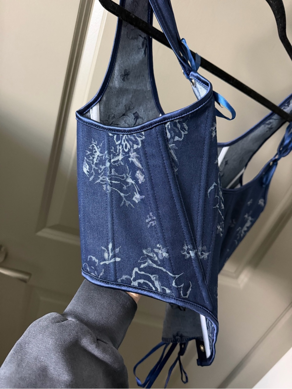 Handmade Navy Blue Corset Top, Renaissance Overbust, Front Lace Bustier - Picture 7 of 16